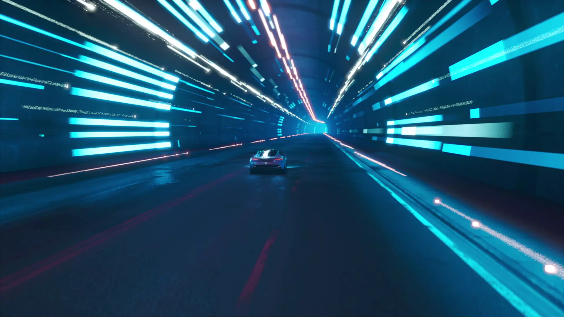 Glossy sports car in a tunnel with blue lighting
