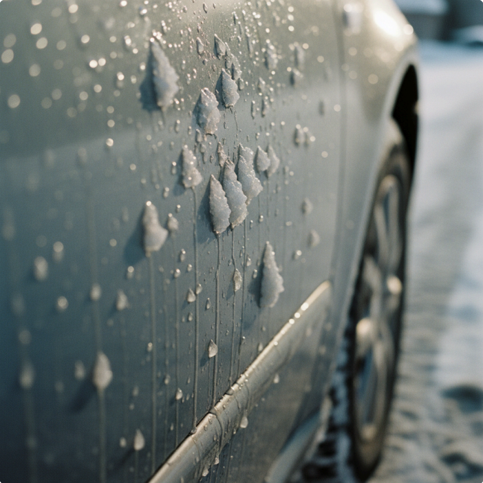 Close-up of a car door panel covered in frozen slush and road salt during winter.