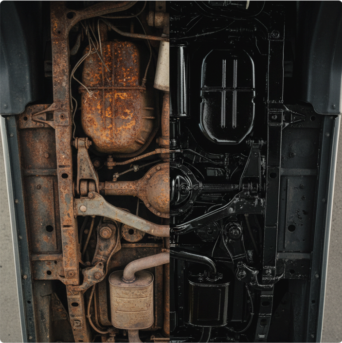 Comparison of a severely corroded vehicle frame versus one treated with professional rust protection in Manitoba.