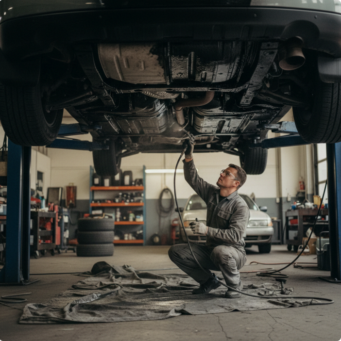 Technician applying protective undercoating spray as part of a comprehensive rust protection Manitoba service package.