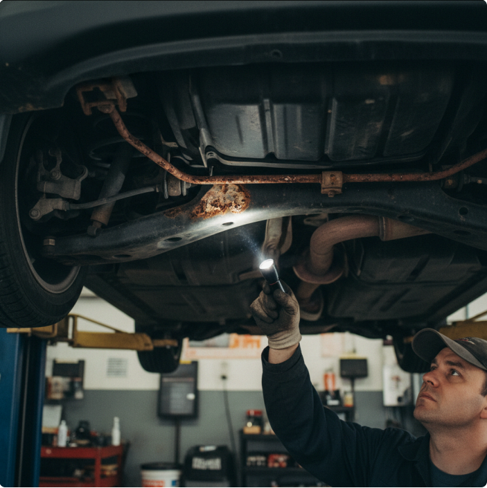 Mechanic inspecting a control arm for structural corrosion during a Manitoba safety inspection for rust damage.
