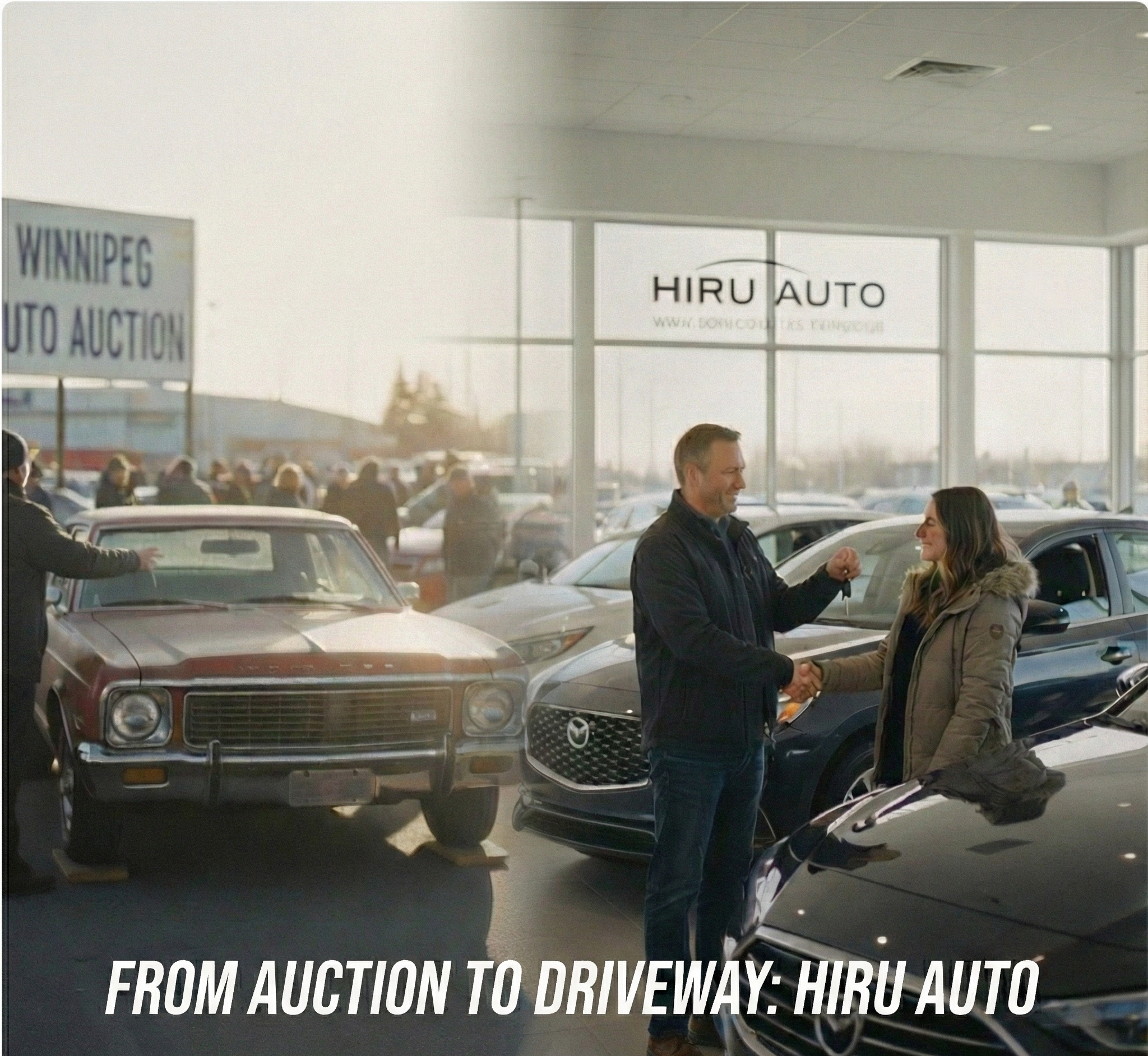 Split image showing a classic Winnipeg auto auction scene on the left and a modern customer buying a car at Hiru Auto dealership on the right, with text overlay "From Auction to Driveway: Hiru Auto."