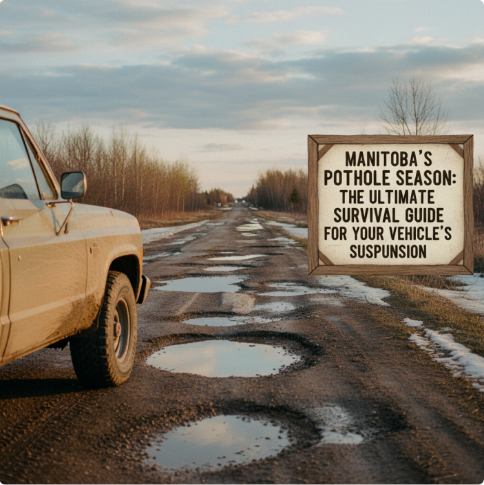 Truck driving on a damaged rural road during Manitoba pothole season with a sign reading "The Ultimate Survival Guide for Your Vehicle's Suspension.