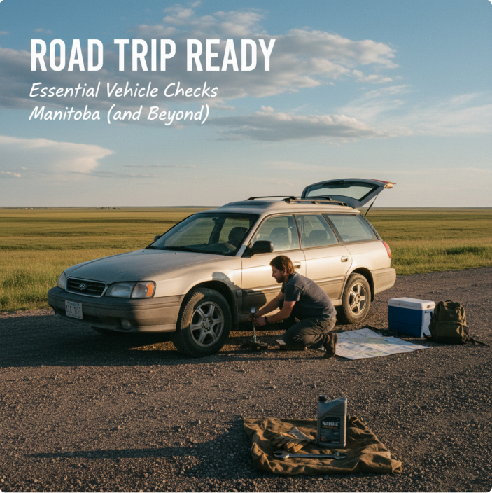 Man checking tires on a silver station wagon on a rural Manitoba road, featuring text: Road Trip Ready Essential Vehicle Checks Manitoba (and Beyond).