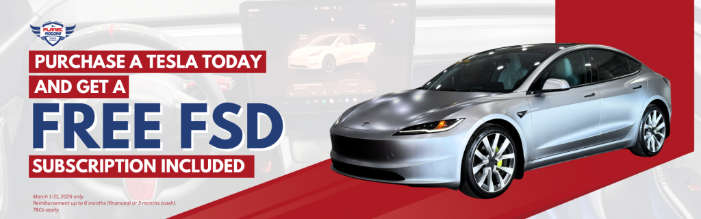 Promotional banner showing a silver Tesla sedan with text reading “Purchase a Tesla Today and Get a Free FSD Subscription Included” for a March sales promotion at Planet Motors.