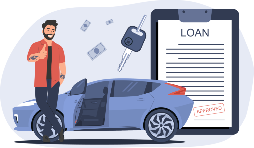 Illustration of a person with car keys and an approved auto loan form