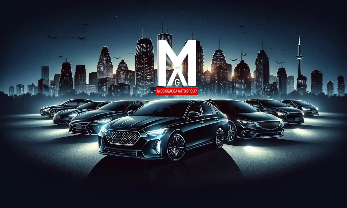Mississauga Auto Group used car lot with the dealership logo and the Mississauga skyline