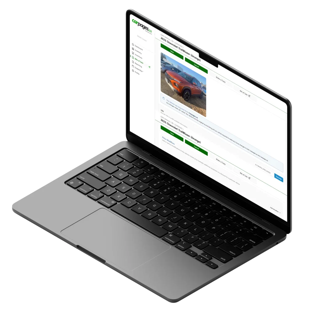 Carpages Bill of Sale tool displayed on a laptop