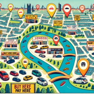 A map pinpointing various Buy Here Pay Here car lots in the cities of London and Cambridge, with happy customers browsing vehicles