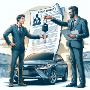 A satisfied customer receiving keys from a dealer against the backdrop of a car with its lease buyout papers on the hood, symbolizing a successful lease purchase.