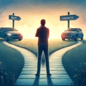 A thoughtful person stands between two paths, one leading to a car with a "Buy" sign and the other to a car with a "Finance" sign, symbolizing the decision-making process.