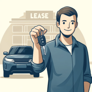 A content individual holding car keys in front of a vehicle, representing the successful buyout and potential sale of a leased car