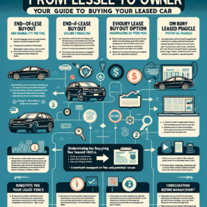 From Lessee to Owner: Your Guide to Buying Your Leased Car," designed to visually represent the journey of purchasing a leased vehicle. It includes key sections on lease buyout options, benefits of buying your leased car, detailed steps to secure financing and complete the purchase, and important considerations before making the buyout decision. The infographic is created with engaging visuals, icons, and easy-to-follow flowcharts to make the transition from leasing to ownership clear and straightforward. If there's anything specific you'd like to add or adjust, feel free to let me know!