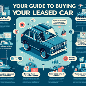 Your Guide to Buying Your Leased Car," designed to explore the options for purchasing a leased vehicle. It covers key areas such as the lease buyout process at the end of the lease, early purchase options, buying from rental companies, and taking over someone else's lease. The guide highlights the advantages, considerations, and steps involved in each option, using engaging visuals and icons to make the information accessible and straightforward. This comprehensive overview aims to help you make an informed decision about owning your dream vehicle. If you have any questions or need further details on any of these options, feel free to ask!