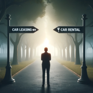 Here's a serene image of a person standing at a crossroads in a quiet, tree-lined avenue, contemplating the choices of 'Car Leasing' and 'Car Rental'. Each path is subtly distinguished by symbols associated with each choice—a lease contract on one path and car keys on the other. This scene symbolizes the contemplative decision-making process between leasing and renting a car, reflecting the individual's considerations of their transportation needs, budget, and lifestyle preferences. The calm and deliberative atmosphere, enhanced by the surrounding nature, highlights the significance of the decision