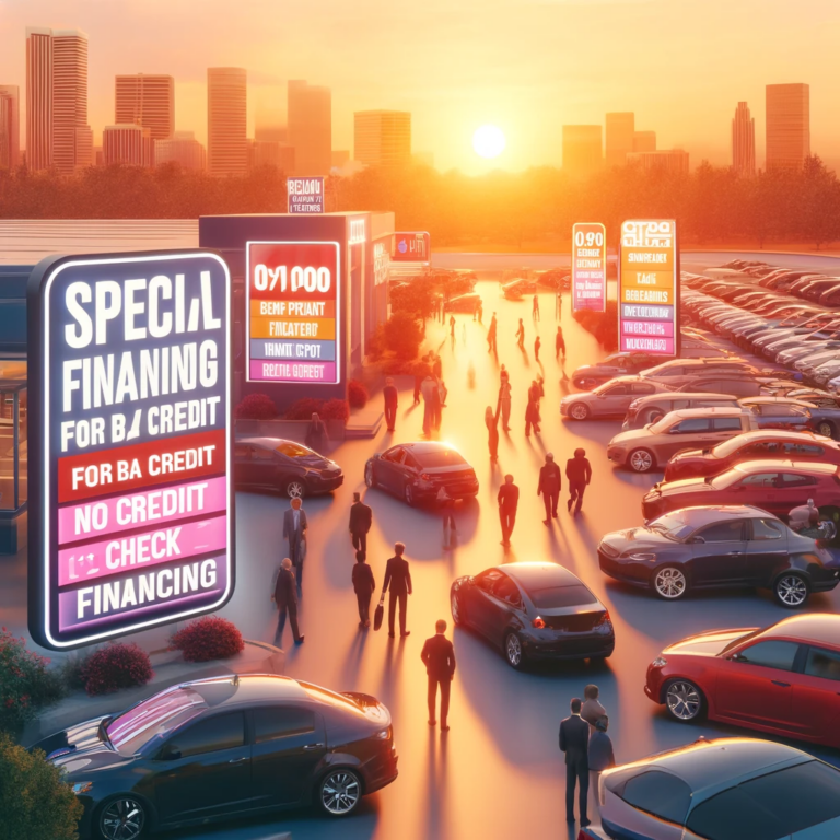 Here's an image of a vibrant car dealership at sunset, showcasing a variety of cars with signs offering special financing options like "Zero Down Payment for Bad Credit," "No Credit Check Financing," and "In-House Financing." The dealership is bustling with potential buyers of diverse backgrounds, all exploring their options under the warm glow of the setting sun. This scene captures the hopeful atmosphere of individuals finding the right car despite financial challenges, emphasizing the dealership's role in providing accessible solutions for everyone.