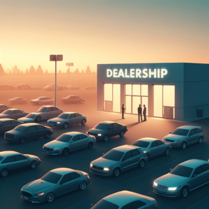 The dealership sign simply reads "Dealership". The scene captures the calm and quiet atmosphere of the lot at the end of the day, with the setting sun casting a warm glow over the neatly arranged vehicles. A couple of people are quietly discussing near one of the cars, adding a human element to the scene without making it too busy or text-heavy. This image conveys the potential of new beginnings and the peaceful moments of making important decisions.