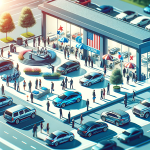Here's an image capturing the essence of a welcoming and inclusive car dealership, bustling with activity and showcasing a variety of cars. The scene emphasizes the diversity of customers and their engagement with the sales staff, creating a dynamic environment that welcomes everyone, regardless of their financial background. This image focuses entirely on visual elements that convey inclusivity and a positive atmosphere, without any textual information or banners.