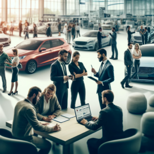 Here's an image capturing the essence of exploring auto financing options at a dealership, focusing on the diversity of customers engaging with dealership staff. The dealership environment is bustling and inclusive, showcasing a range of vehicles and facilitating discussions around various financing options, from lease buyouts to financing for those with bad credit or no credit history. The scene visually conveys the complexities and educational aspects of auto financing, highlighting the supportive and informative atmosphere provided by the dealership.