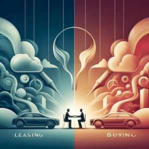 Here's an abstract representation of the car dealership experience, highlighting the dynamic between leasing and buying options. The image creatively balances the two concepts, showcasing the decision-making process at its center. If there's anything else you'd like to see or modify, just let me know!