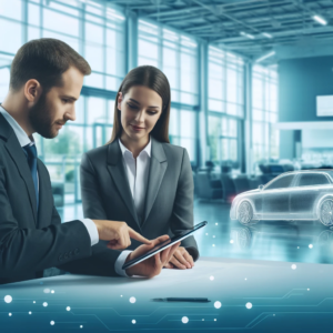 Here's a streamlined depiction of a scene in a car dealership, where a financial advisor is showing a digital tablet to a customer, with a modern and professional backdrop subtly indicating a car dealership environment. If you'd like any further modifications or have another scenario in mind, feel free to let me know!