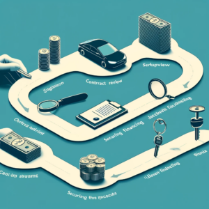 Here's an abstract visual representation of the process of buying a leased car, using symbolic objects to illustrate the steps. The image features a magnifying glass, a stack of coins, and a car key connected by a flowing line, conveying the sequence without text or diagrams. If you need further modifications or another idea, just let me know!