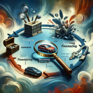 Here's an artistic representation of the process of buying a leased car, featuring symbolic objects on an abstract, painterly background. The layout is non-linear and dynamic, emphasizing the interconnectedness of each step in the car buying process. If you have any further requests or another idea you'd like to explore, feel free to let me know!