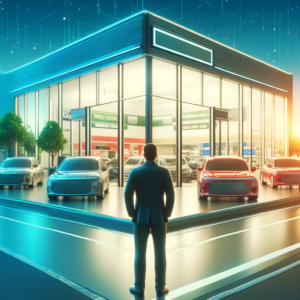 Here's the image of a hopeful individual standing in front of a car dealership, capturing the essence of opportunity and accessibility. The scene focuses on the vibrant and inviting atmosphere of the dealership, with the individual observing the cars displayed. If you need any further adjustments or have another concept in mind, feel free to let me know!