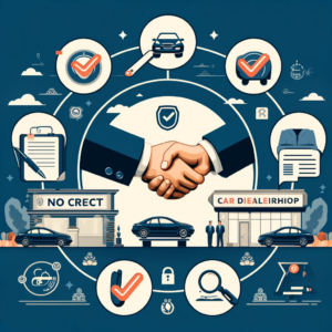 A visual guide to no credit check financing at car dealerships, featuring steps on how to qualify and tips for securing a favorable deal.