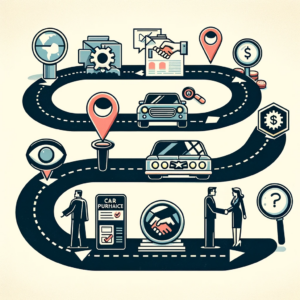 Here's an illustrative guide that visualizes the process of navigating car purchases with no license or credit. The image features key symbols like a map pin, a handshake, a magnifying glass, and a car, arranged in a clear sequence to guide you through the steps of finding dealerships and securing loans. If you have any adjustments or another concept in mind, feel free to let me know!