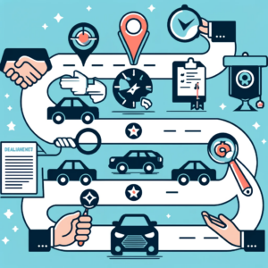 Here's an illustrative guide that visualizes the process of navigating car purchases with no license or credit. The design features symbolic representations such as a map pin, handshake, magnifying glass, and car, arranged in a logical sequence to guide you through the steps of finding dealerships and securing loans. If you need any further details or adjustments, or have another concept in mind, feel free to let me know!