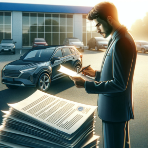 Here's the image of a person evaluating documents in front of a car, symbolizing the decision-making process of a car lease buyout. The setting is designed to reflect a realistic scenario, emphasizing the seriousness and contemplative nature of such financial decisions. If there's anything else you'd like to adjust or another idea you'd like to explore, just let me know!