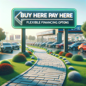 A welcoming car lot sign reads "Buy Here Pay Here," inviting those looking for flexible financing options, with a clear path leading towards vehicle ownership.
