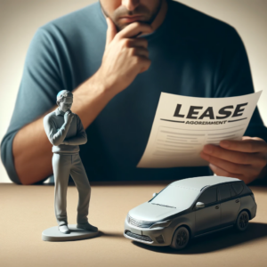 A person thoughtfully examining a model car in one hand and a lease agreement in the other, contemplating the decision to buy or lease a vehicle.