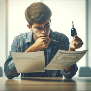 A young person comparing documents and keys in hand, deliberating over the decision between buying and leasing their first car.