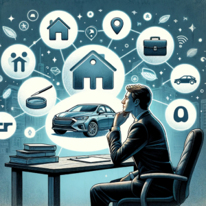 A detailed illustration showing a person thoughtfully weighing the options of leasing versus buying a car, with icons representing personal use, business, and Turo surrounding them.