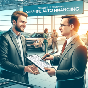 Here's the image of a detailed scene at a car dealership, highlighting a hopeful buyer engaging with a dealer. The setting conveys a sense of accomplishment and optimism, showcasing the successful navigation of subprime auto financing options. The dealership is bustling and professional, enhancing the narrative of a busy and successful business environment. If you need any changes or have another idea in mind, feel free to let me know!