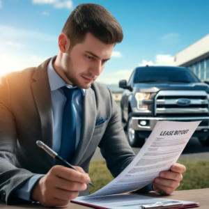 Here's the image of a hopeful buyer reviewing documents for buying out a lease, with a reliable truck in the background. This scene symbolizes the journey towards owning a vehicle despite credit challenges. The setting is outdoors at a dealership lot, and it conveys a sense of achievement and the overcoming of financial obstacles. If you need any changes or have another idea in mind, feel free to let me know!
