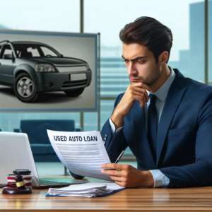 A confident individual reviewing used auto loan documents, reflecting on getting the best rates available.