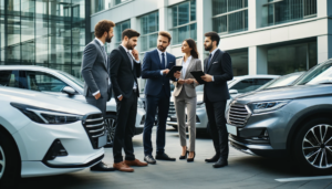 Best Company Car Deals. Business professionals examining a fleet of company cars, discussing the best lease and purchase options available.