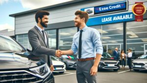 A customer shaking hands with a salesperson after agreeing on an auto lease at a reputable dealership.