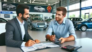 A determined customer reviewing car financing documents, considering various options despite having a bad credit score.