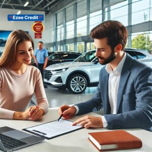 A customer and sales agent discussing contract car deals at an automotive dealership.