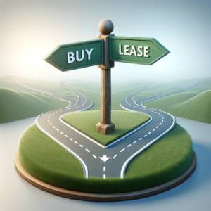 Decision paths at a crossroad sign showing options to buy or lease a car