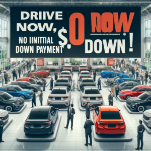 A vibrant car dealership in London, Ontario, displaying signs for $0 down deals on a variety of new and used cars, attracting prospective buyers exploring financing options.
