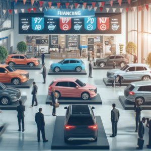 A diverse lineup of cars at a dealership promoting $0 down payment deals, including signs advertising 0% APR and no credit check options, attracting potential buyers seeking affordable financing solutions.