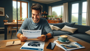 A person reviewing an auto pre-approval letter at home, excited about their upcoming car purchase.