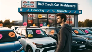 A person looking at a selection of cars available at a bad credit car dealership.
