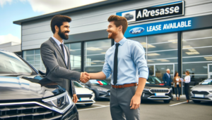 A customer shaking hands with a salesperson after agreeing on an auto lease at a reputable dealership.