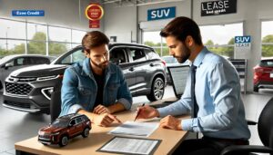 A customer reviewing a lease agreement for a used SUV with a salesperson at a car dealership